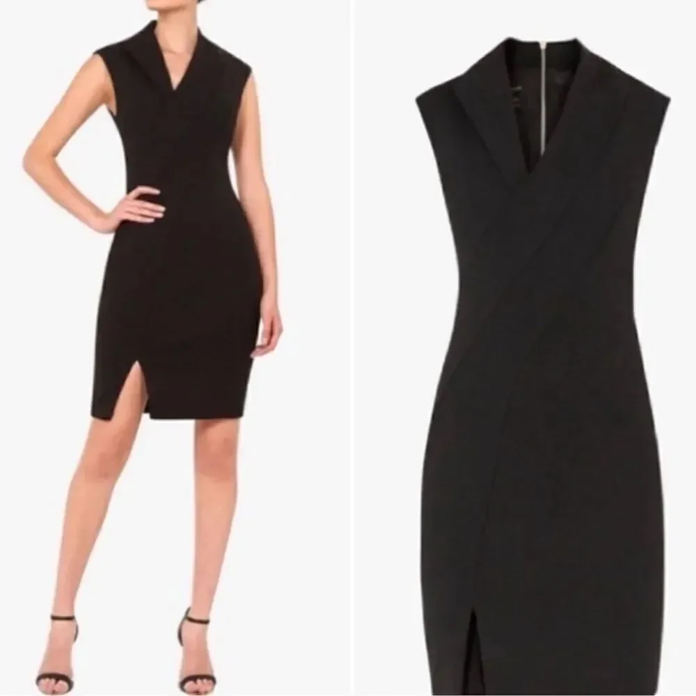 Ted Baker 14 (5) Black Geodese V Neck Front Slit Back Zip Sleeveless Shift Dress